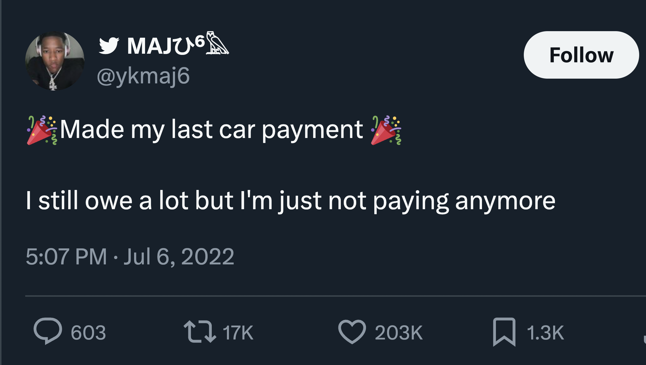 screenshot - MAJU6 Made my last car payment I still owe a lot but I'm just not paying anymore